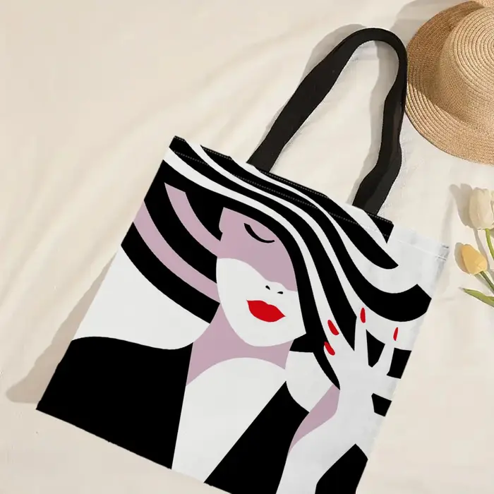 Sac fourre-tout géométrique noir et blanc pour femme, sacs en lin, cuillère à soupe, sacs à provisio