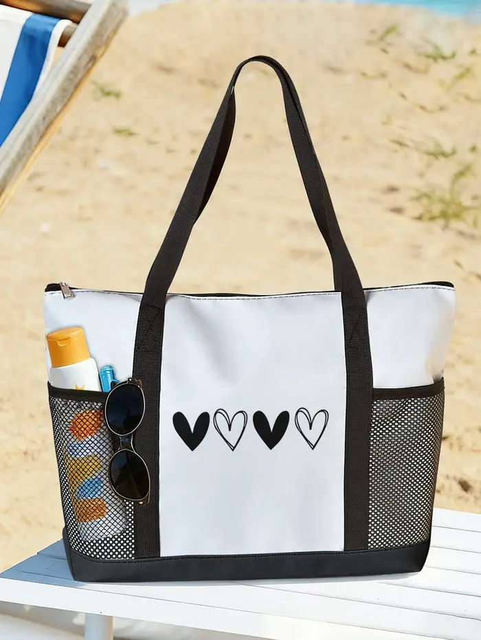 Sac de plage noir à imprimé cœurs