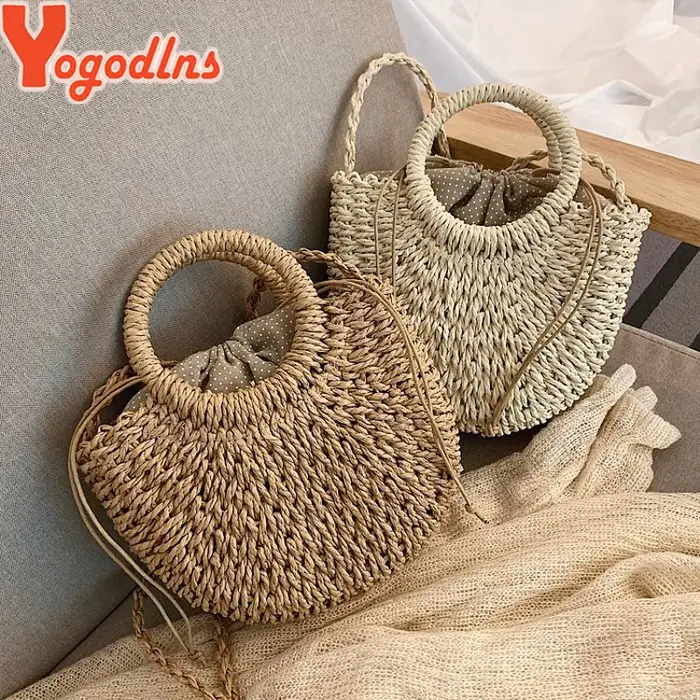 Yogodlns fait à la main demi-rond rotin tissé sac de paille été femmes messager sacs à bandoulière filles petit sac