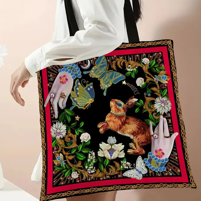 Sac fourre-tout en tissu de lin pour femmes, sac de Shopping Vintage Floral lapin dessin animé lapin