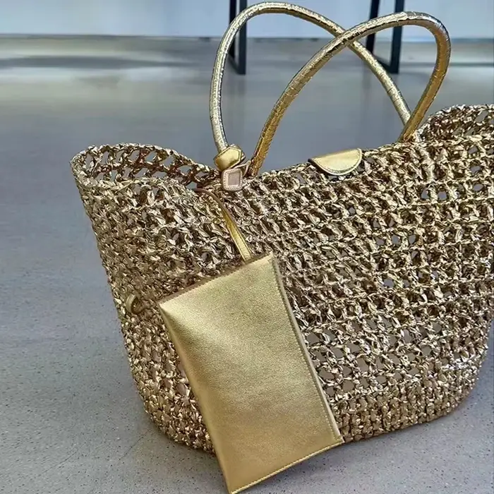 Sac fourre-tout ajouré tissé à la main couleur or