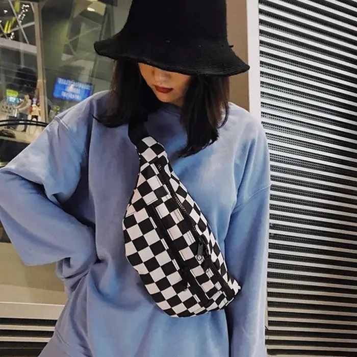 Nouveau sac de taille à la mode à carreaux noir et blanc avec doubles fermetures éclair et sac à bandoulière en toile