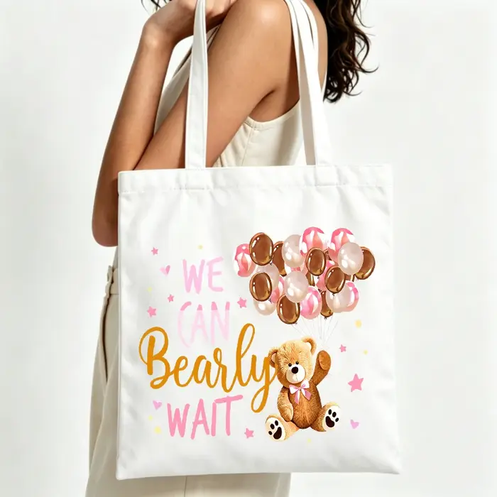 Sac fourre-tout en toile pour femme avec motif ours en peluche et ballon, style décontracté pour les