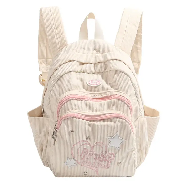Sac à dos en velours côtelé pour étudiants, sac d'école multi-poches simple, mignon, mode Y2K mn, or