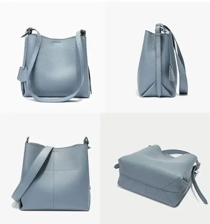 2025 Beige bleu couleur unie Design Simple sac seau en cuir de vachette femmes sac à bandoulière de haute qualité daim intérieur sac de messager