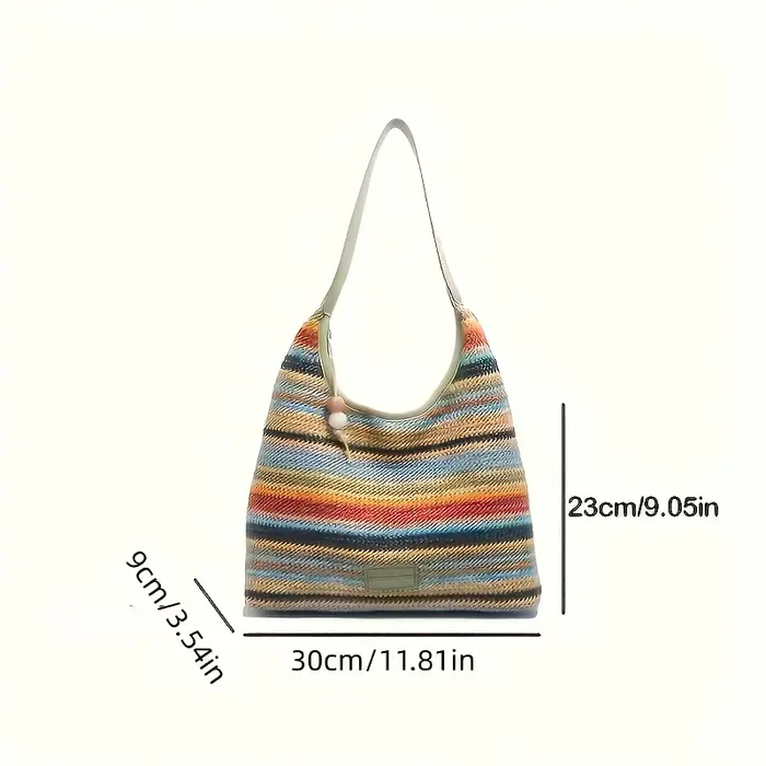Sac à main bohème multicolore à rayures avec décoration en pompon