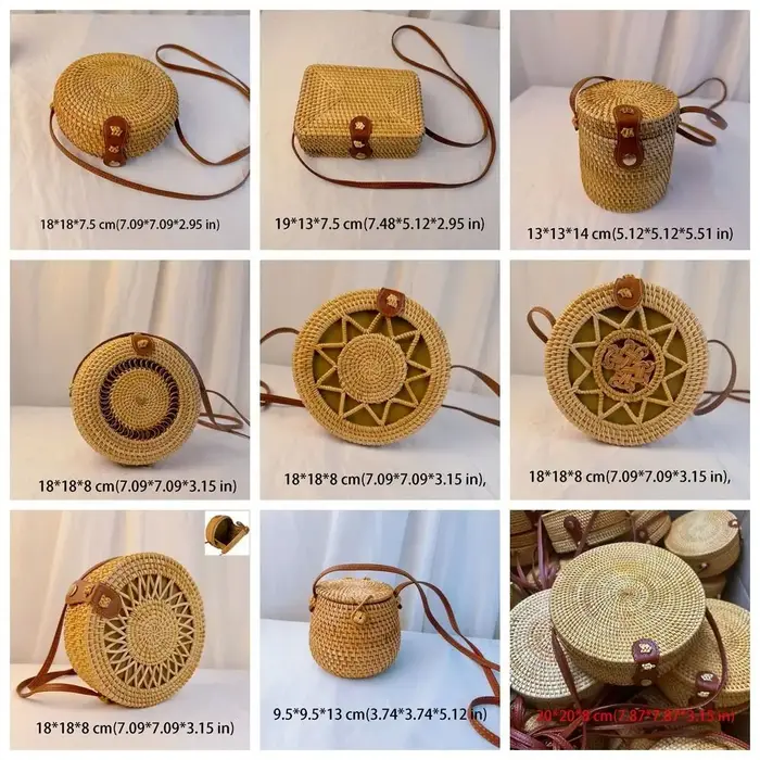 Sac bandoulière rond ajouré en rotin tressé style bohème tendance