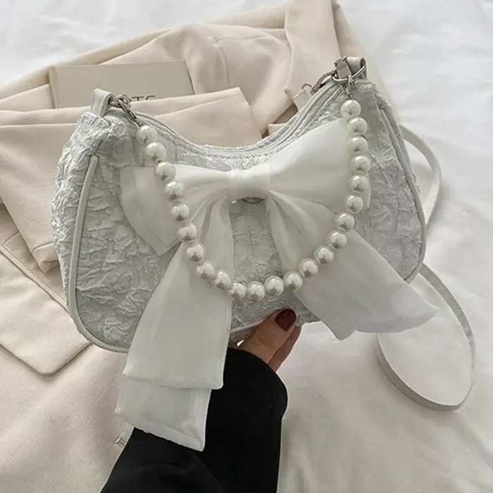 Sac à main plissé blanc en perles pour femmes