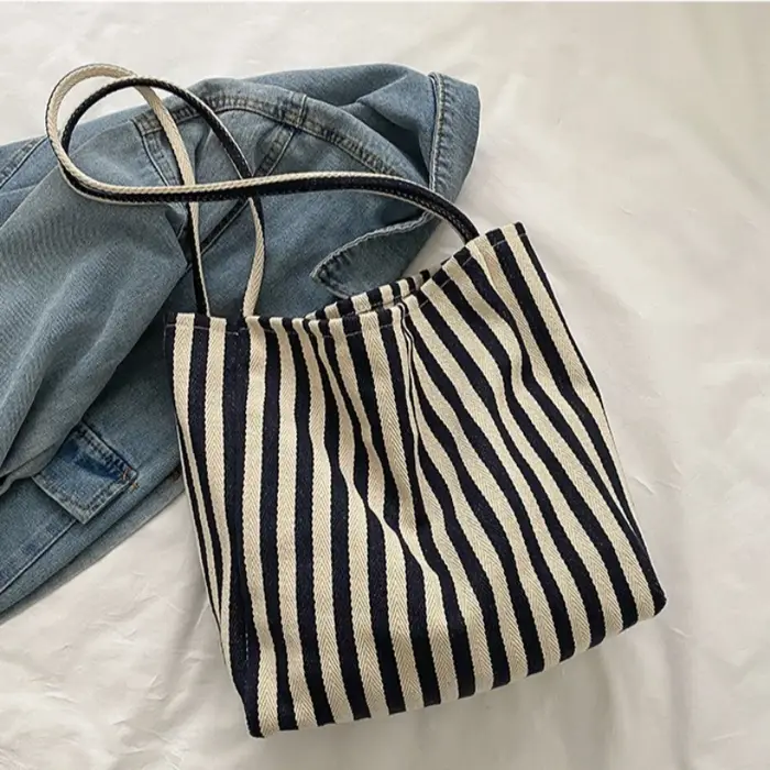 Sac fourre-tout chic à rayures tissées grande capacité