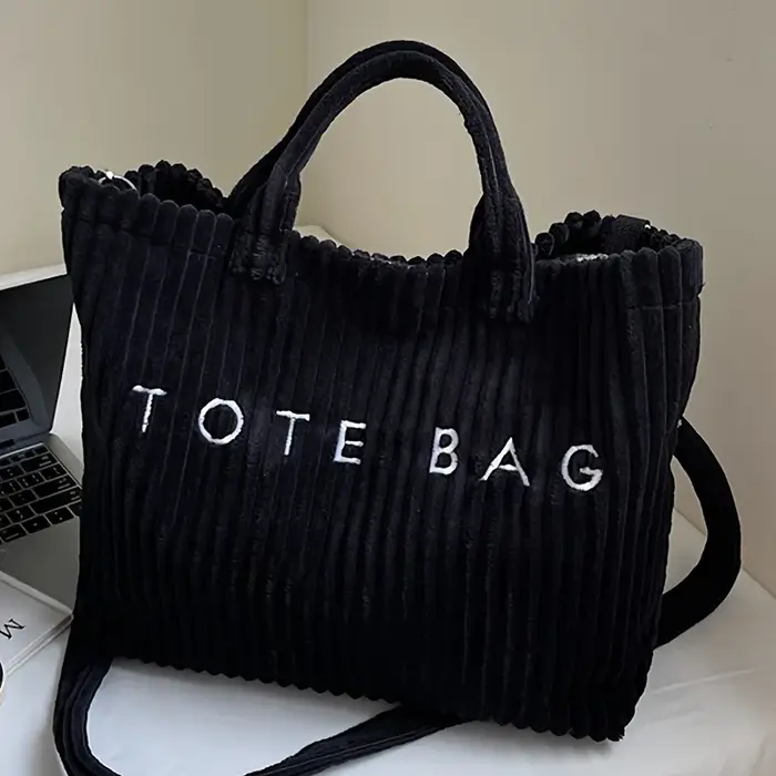 Sac à main en velours rayé de grande capacité, sac à bandoulière pour femmes, sacs à main, sacs à bandoulière, fourre-tout polyvalent en velours côtelé avec lettres
