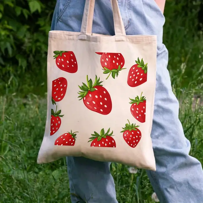 Sac fourre-tout en toile à motif de fraises avec imprimé de fruits blancs