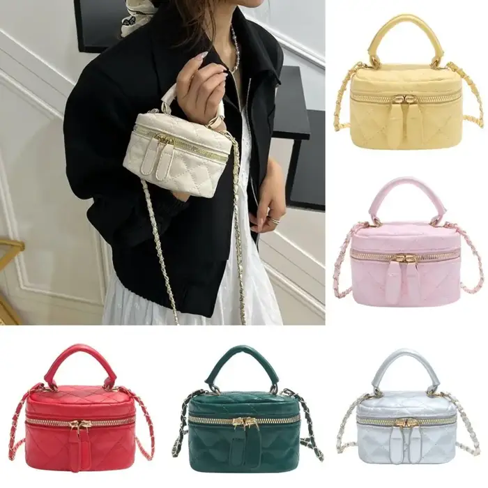 Mini sac seau en cuir matelassé à motif diamant, sac à chaîne à carreaux multicolores avec bandoulière chaîne dorée