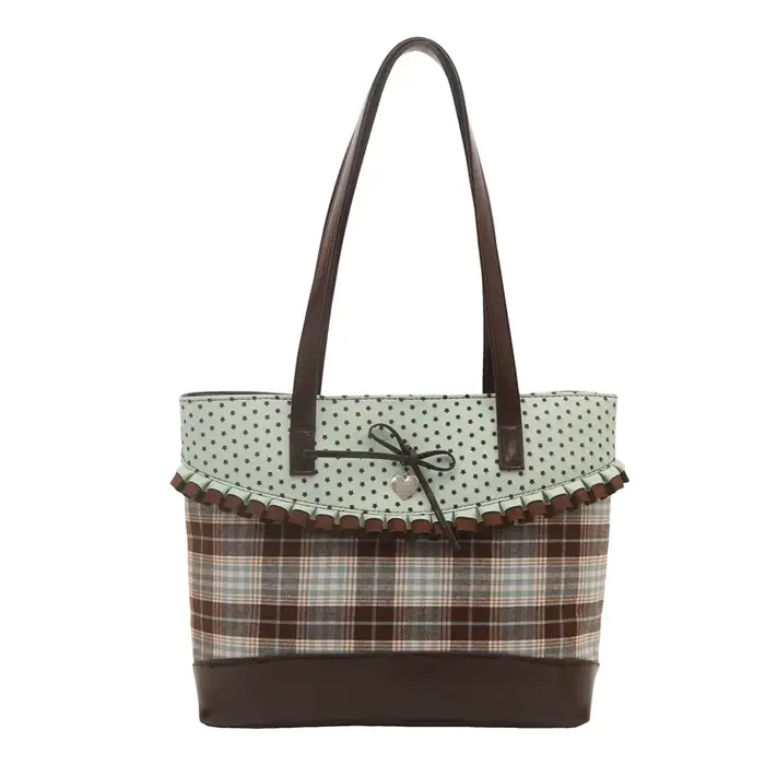 Sac fourre-tout vintage à pois et à carreaux grande capacité pour écolière