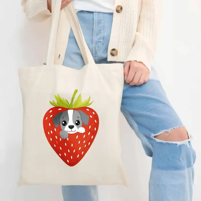 Sac fourre-tout en coton imprimé chien fraise blanc pour un usage quotidien