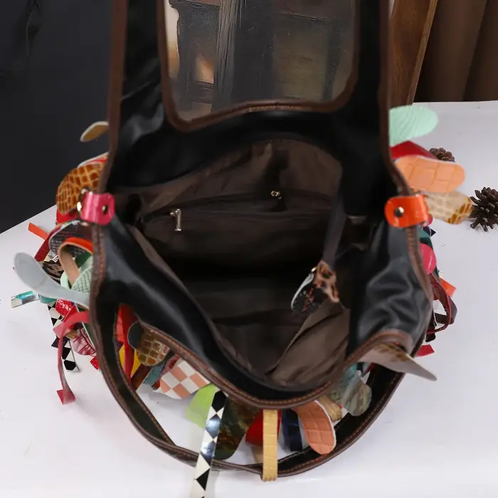 Sac à main en cuir véritable à franges pour femmes, fabriqué à la main, blocage de couleur, grande c