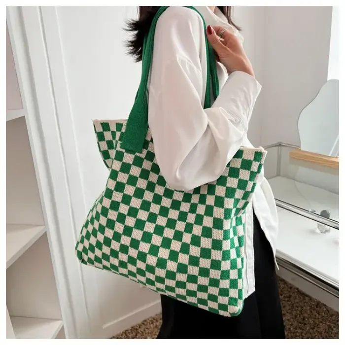 Nouveau Ins sac tricoté mode épaule noir blanc Plaid grand fourre-tout rétro sacs à main pour femme sac à tricoter