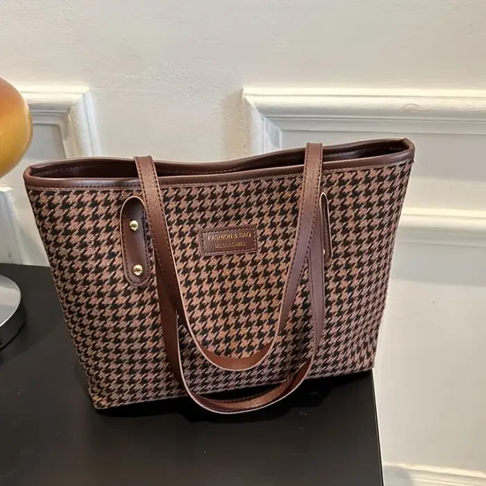 Sac fourre-tout décontracté à motif pied-de-poule, grande capacité, sac à bandoulière avec sangles e