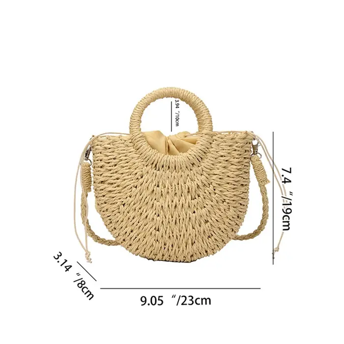 NOUVEAU Sac de plage demi-lune en paille tressée à la main pour femme