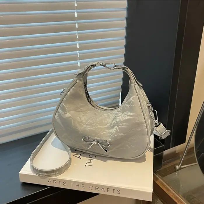 Sac à bandoulière élégant grande capacité avec nœud, sac à main de couleur unie en PU, sac hobo styl