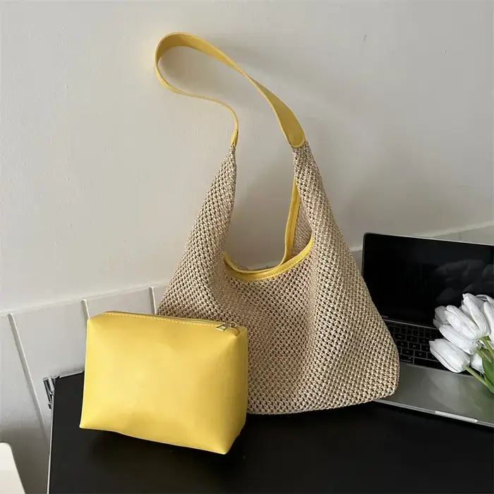 Sac de plage de voyage en rotin tissé à la main, sac de plage d'été tricoté en paille de grande capa