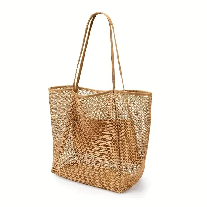 Sac fourre-tout de plage de grande capacité pour femmes – Sac à bandoulière tissé en polyester durable avec dessus