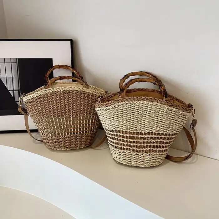 Sac seau tendance en paille tressée grande capacité
