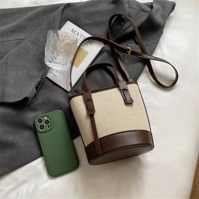 Sac seau vintage en toile et cuir pour femme