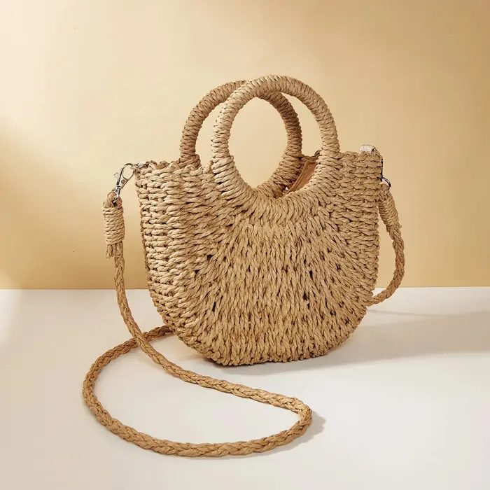 Nouveau Sac de Plage Demi-Lune en Paille et Rotin Tressé à la Main pour Femme, Grande Capacité, Creu