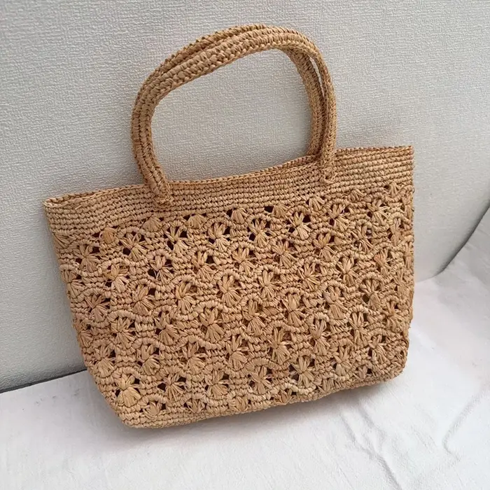 Sac fourre-tout en raphia français, style bohème, tissé à la main, ajouré, élégant, léger, sac à ban