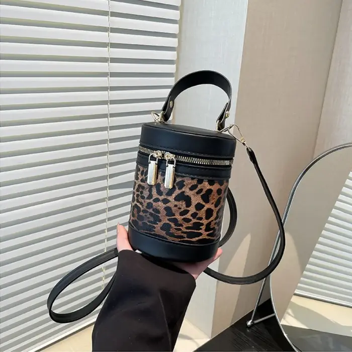 Nouveau style coréen sac seau en lin tendance pour femmes sac de maquillage imprimé léopard sac à bandoulière mode sac