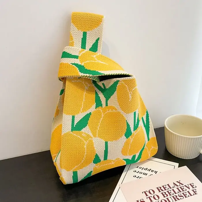 Sac à main en tricot fait à la main pour femmes, Mini sac de poignet à nœud, fourre-tout japonais dé