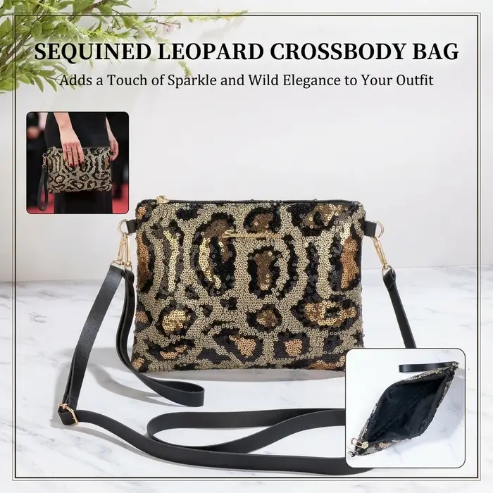 Sac à bandoulière pour femme avec broderie de sequins et imprimé léopard