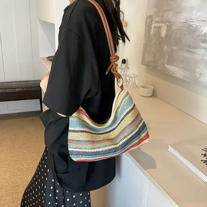 Sac de plage bohème en paille tressé