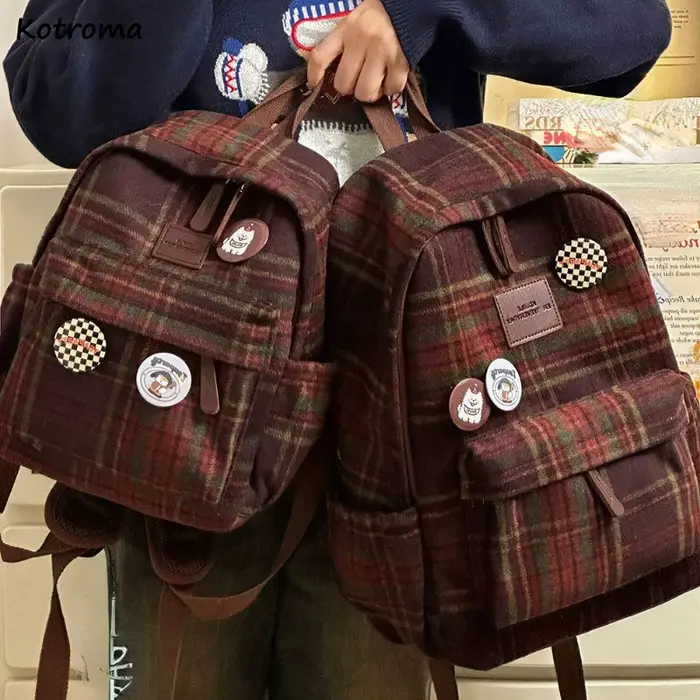 Sac à dos à carreaux vintage pour femmes, sac à dos grande capacité, mode douce, Ulzzang imprimés Girls, extérieur, décontracté, Bergame, automne, hiver