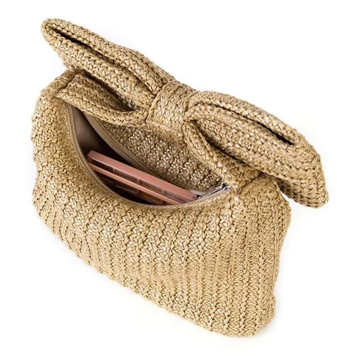 Pochette tissée en paille avec nœud pour femme