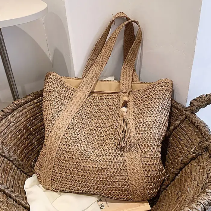 Sac à main en paille tissé pour femmes, élégant, fourre-tout décontracté de plage, sacs à poignée su