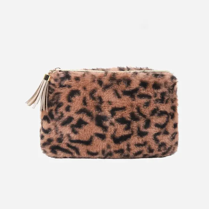 Sac à cosmétiques en peluche léopard avec pompon en PU, pochettes de toilette de voyage douces, orga