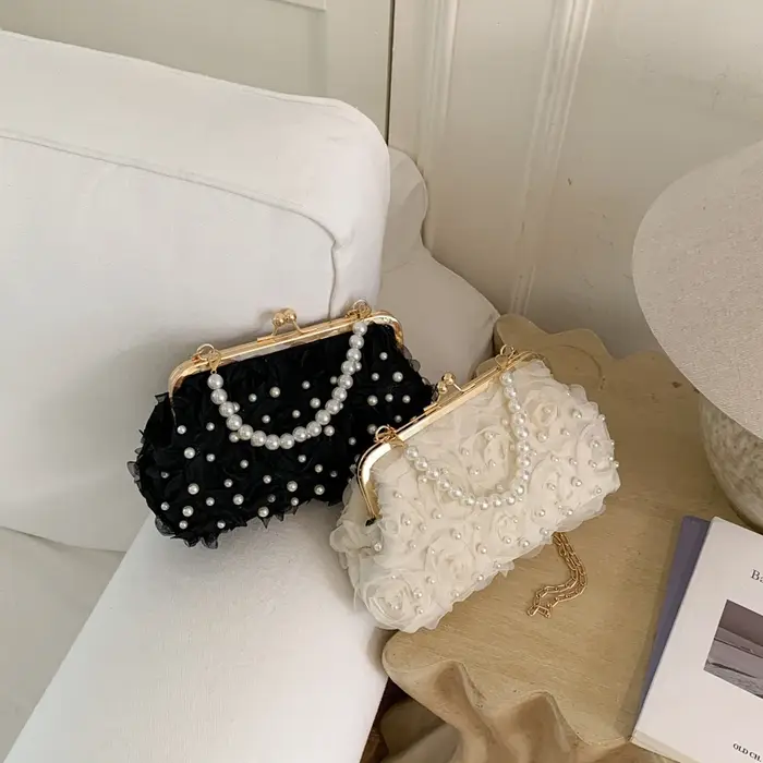Sac de soirée en dentelle pour femme, pochette florale à fermoir Kiss Lock avec chaîne, sac de demoiselle d'honneur pour mariage, bal de promo, fête du thé