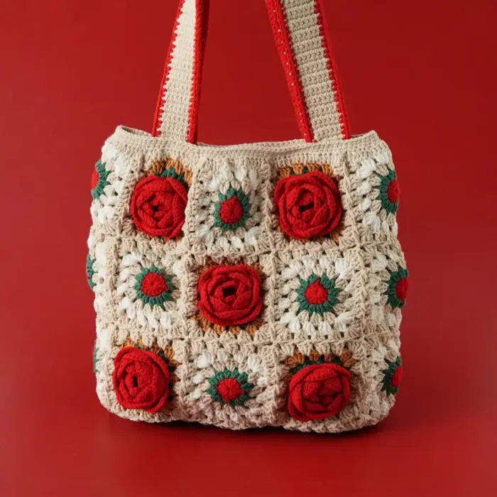 Sac en crochet fait main, tissage de 10 roses en fil de chiffon, sac à bandoulière, sac en tricot rouge, sac en fil rose, cadeau de vacances