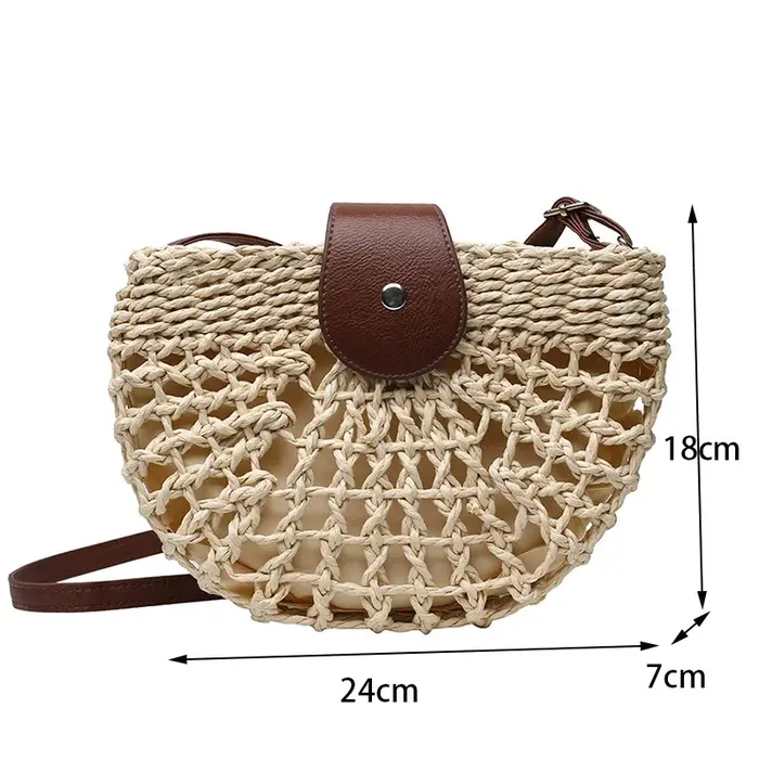 Sac de paille d'été pour femmes, sacs à bandoulière demi-cercle en rotin fait à la main, sacoche de 