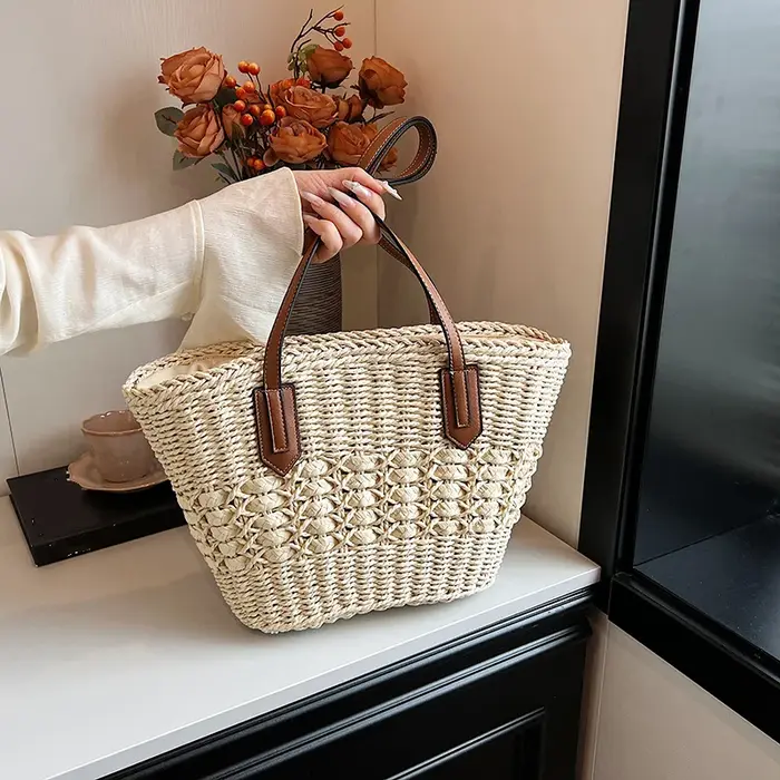 Sacs de paille d'été pour femmes, initiés par la paille, sac tissé en rotin, sac à poignée supérieur