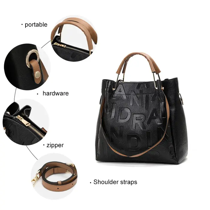 Sac à main pour femme noir haut de gamme en cuir de vache de haute qualité avec grande capacité et imprimé de lettres
