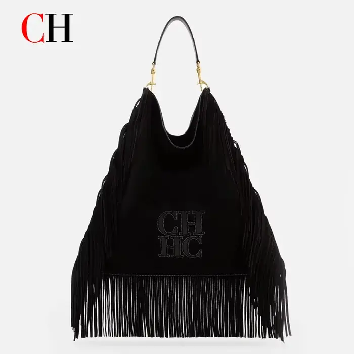Sac Hobo à Franges CH en Cuir Véritable et Daim Marron Grande Capacité, Sac à Bandoulière à Pompons