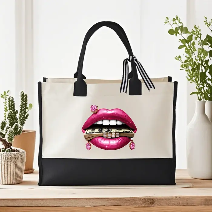 Sac fourre-tout tendance avec lèvres crème et noires