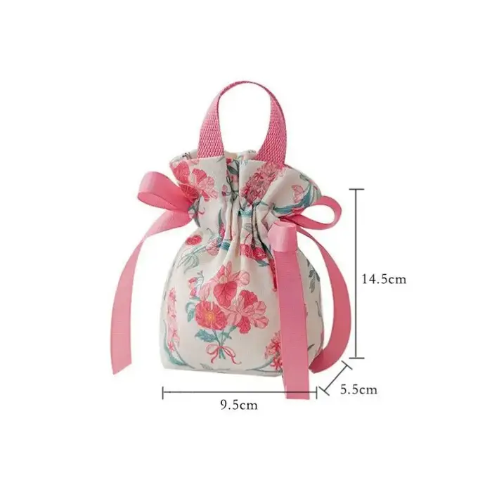 Mini sac à cordon en toile à motif floral avec nœud papillon et chaîne de perles