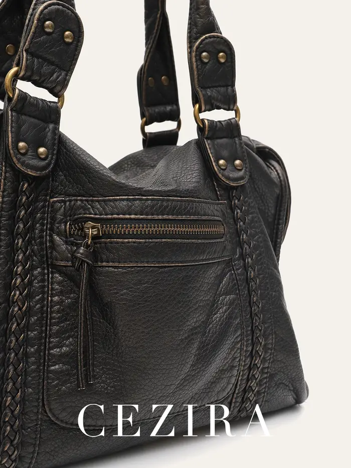 Vintage lavé en cuir PU grande capacité fourre-tout poches zippées tresse décor épaule sac à bandoulière unisexe femmes voyage quotidien sac à main