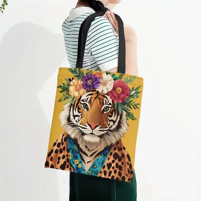 Sac fourre-tout élégant imprimé tigre et léopard, 1 pièce, avec motif de couronne florale vibrante, 