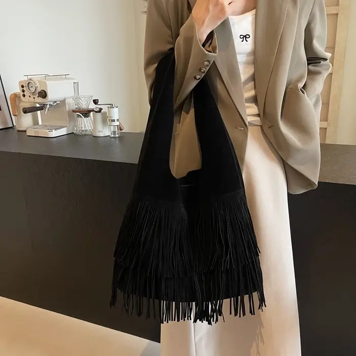 Sac sous les bras à franges en faux daim pour femme, sac fourre-tout vintage, sac de transport pour 