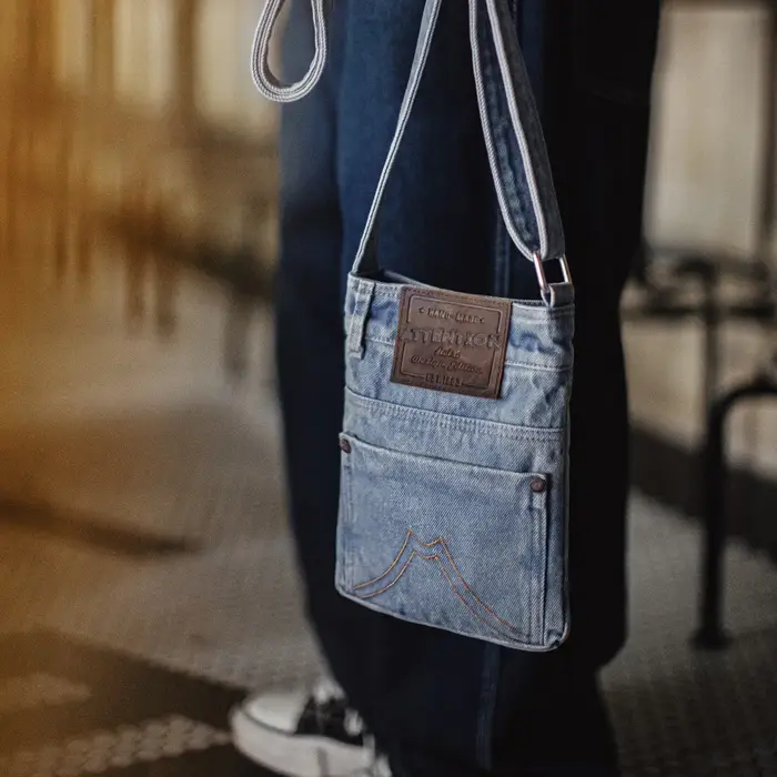 Sac bandoulière en toile denim bleu délavé Maden