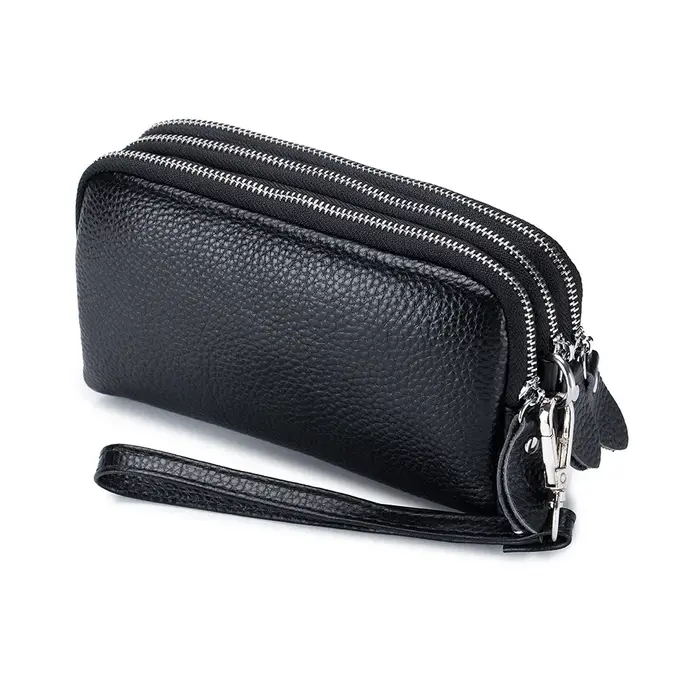 Femmes Long portefeuille en cuir véritable 3 couches fermeture éclair sac à main grande capacité bra